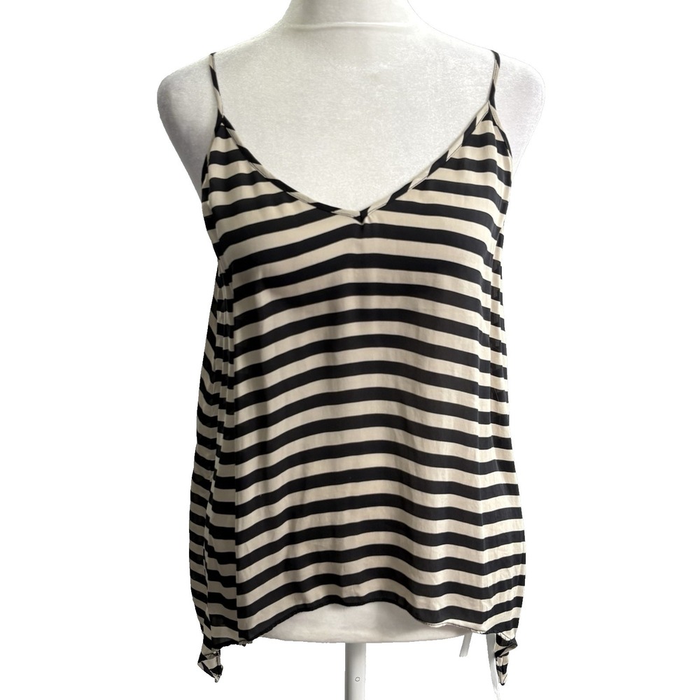 MASON Women Silk Cami Top V Neck Asymmetric Hem Striped‎ Sz 6 Black Tan 18-12